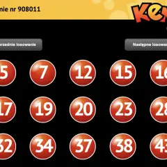 Wyniki losowania Keno nr 908011: 5, 7, 12, 15, 16, 17, 19, 20, 23, 28, 32, 34, 37, 38, 43. System 8-15-15.