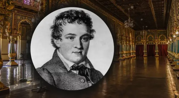 Portret młodego mężczyzny, który może być Kasparem Hauserem, na tle bogato zdobionego wnętrza pałacowego. Zagadka Kaspara Hausera wciąż fascynuje.
