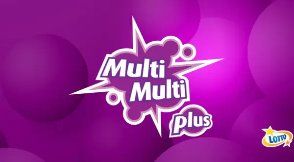 Wygraj z Multi Multi Plus w loterii promocyjnej Lotto! Fioletowe tło z bańkami i wybuchowym logo.